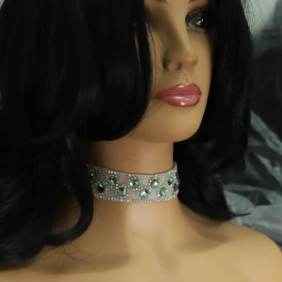 Sparkly Green Choker Necklace Adjustable Length Rhinestone Chokers  (#72) - Picture 11 of 12